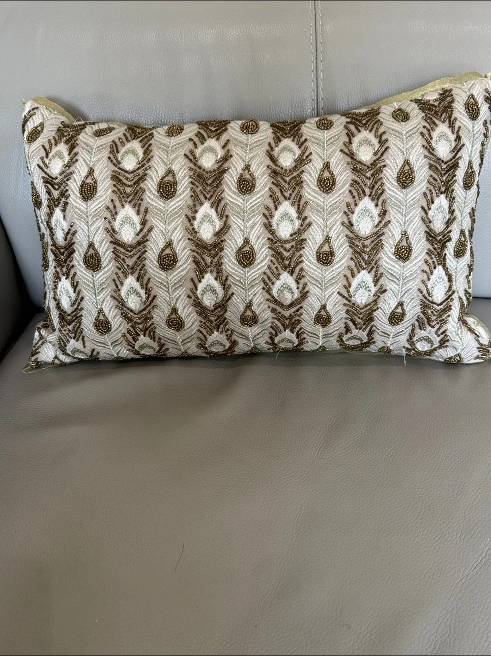 Pier 1 Beaded Peacock Feather Gold Embroidered Lumbar Accent Pillow